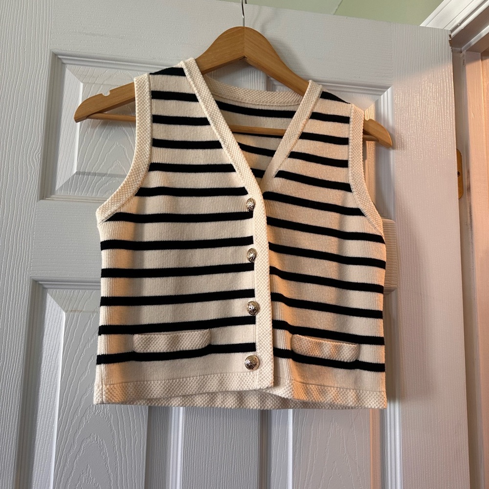 Striped V-Neck Button Front Knit Vest - Black and Cream
